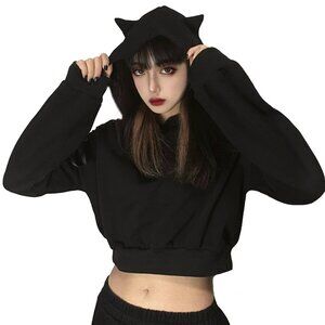 Cat Ear Hoodie Off Shoulder Crop Top Long Sleeve Pullover Sweatshirt ASIAN SIZE